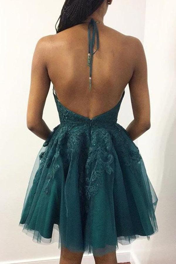 Halter Neck Short Emerald Green Lace Prom Dresses Homecoming Dresses PD448 - Pgmdress