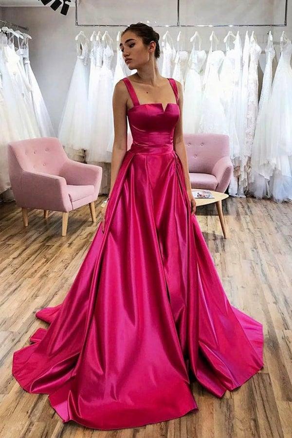 Hot Pink A-line Satin Long Prom Dress Court Train Evening Dress PSK275 - Pgmdress