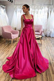 Hot Pink A-line Satin Long Prom Dress Court Train Evening Dress PSK275