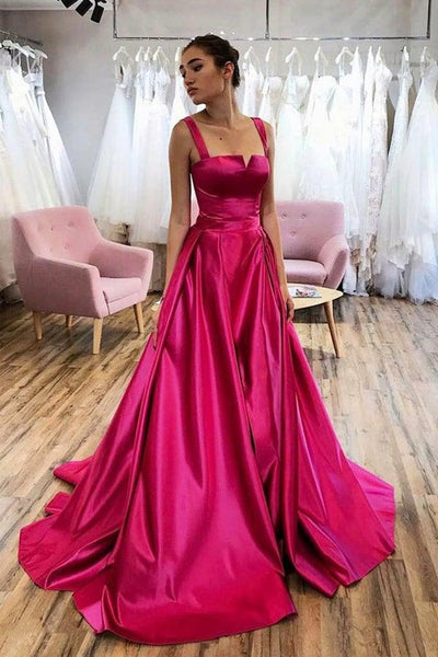 Hot Pink A-line Satin Long Prom Dress Court Train Evening Dress US4 / As Picture Hot Pink A-line Satin Long Prom Dress Court Train Evening Dress US4 / As Picture