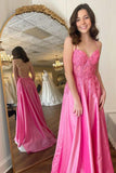 Pinkes A-Linien-Abendkleid mit Blumenapplikationen und Schnürung PSK393