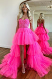 Hot Pink High Low Sweetheart Tiered Prom Dress Evening Dress PSK398 - Pgmdress