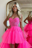 Hot Pink High Low Sweetheart Tiered Prom Dress Evening Dress PSK398 - Pgmdress