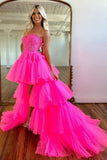 Hot Pink High Low Sweetheart Tiered Prom Dress Evening Dress PSK398 - Pgmdress