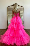 Hot Pink High Low Sweetheart Tiered Prom Dress Evening Dress PSK398 - Pgmdress