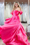 Hot Pink Puff Sleeves Off The Shoulder Simple Prom Evening Dresses  PSK407