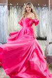 Hot Pink Puff Sleeves Off The Shoulder Simple Prom Evening Dresses PSK407 - Pgmdress