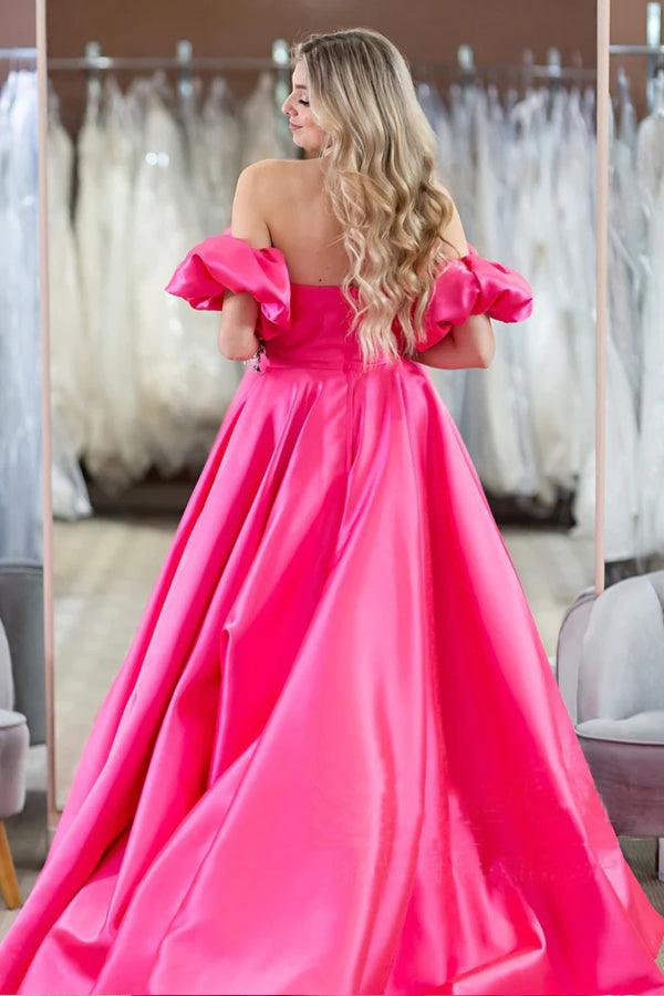 pgmdress Hot Pink Puff Sleeves Off The Shoulder Simple Prom Evening Dresses US8 / As Picture