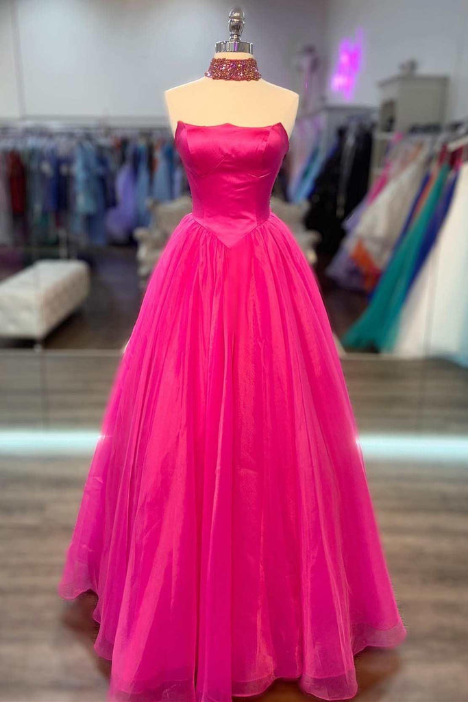 Hot Pink Strapless A-line Round Neck Tulle Prom Dress Formal Dress –  Pgmdress