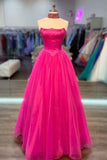Hot Pink Strapless A-line Round Neck Tulle Prom Dress Formal Dress PSK319 - Pgmdress
