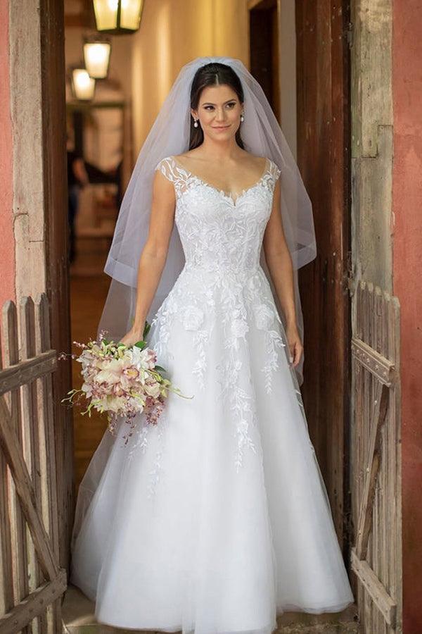 Illustion Scoop Neck White Floral Lace Wedding Dress Floor Length WD622 - Pgmdress