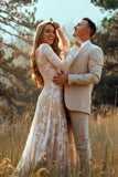 Ivory Long Sleeve Rustic Wedding Dresses Backless Sheath Beach Wedding Dress WD384 - Pgmdress