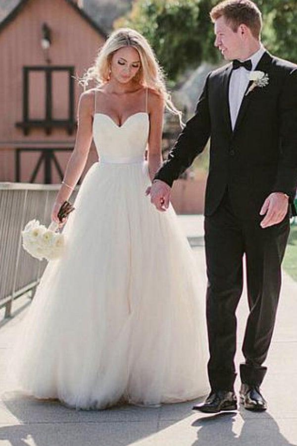Ivory Tulle Destination Sweetheart Spaghetti Strap Wedding Dress WD082 - Pgmdress