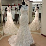 Jewel Neck Mermaid Lace Applique Sleeveless Wedding Dresses WD182 - Pgmdress