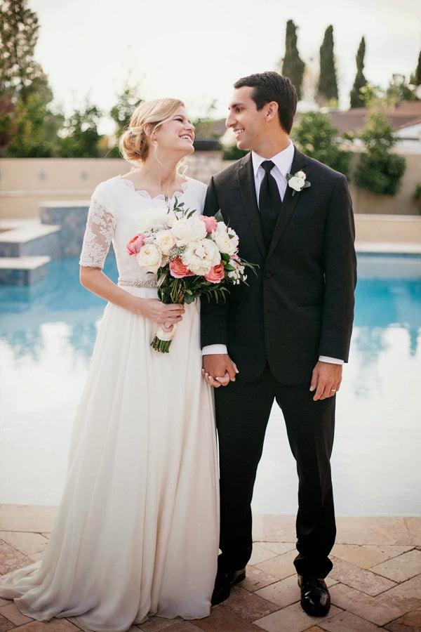 Lace A-Line Beading Ivory Half Sleeve Wedding Dress WD145 - Pgmdress