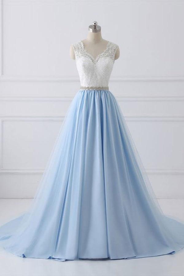 Lace Straps A line Blue Skirt Long Evening Prom Dresses PG583 - Pgmdress