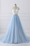 Lace Straps A line Blue Skirt Long Evening Prom Dresses PG583