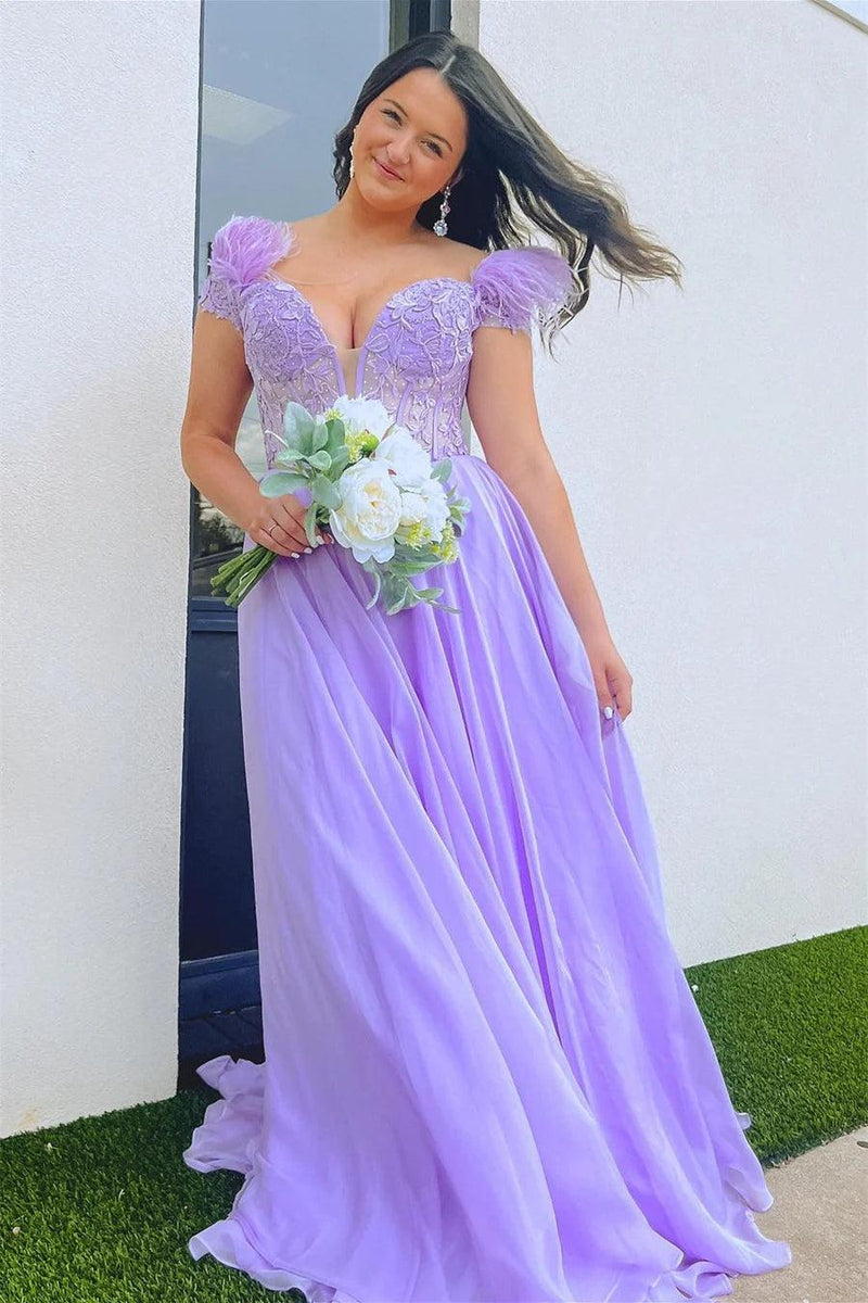 A-line Lavender Plunging Off-the-Shoulder Feathers Long Prom Dress PSK433 - Pgmdress