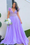 A-line Lavender Plunging Off-the-Shoulder Feathers  Long Prom Dress  PSK433