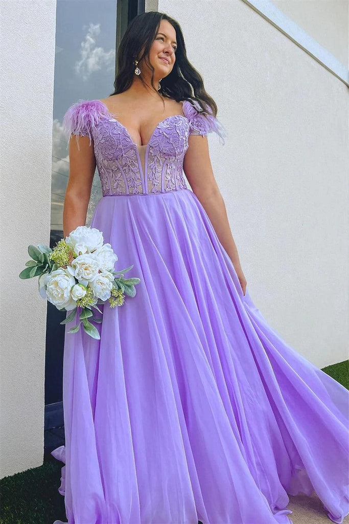 A-line Lavender Plunging Off-the-Shoulder Feathers Long Prom Dress PSK433 - Pgmdress