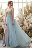 Light Blue A-line Tulle Prom Dresses Beading Evening Dresses PSK291