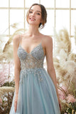 Light Blue A-line Tulle Prom Dresses Beading Evening Dresses PSK291 - Pgmdress