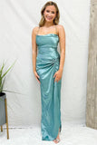 Light Blue Cowl Neck Twist Knot Pleated Long Prom Dress with Slit PSK430 - Pgmdress
