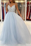 Light Blue Tulle Long Prom Dresses Backless Formal Gown PSK299