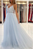Light Blue Tulle Long Prom Dresses Backless Formal Gown PSK299 - Pgmdress