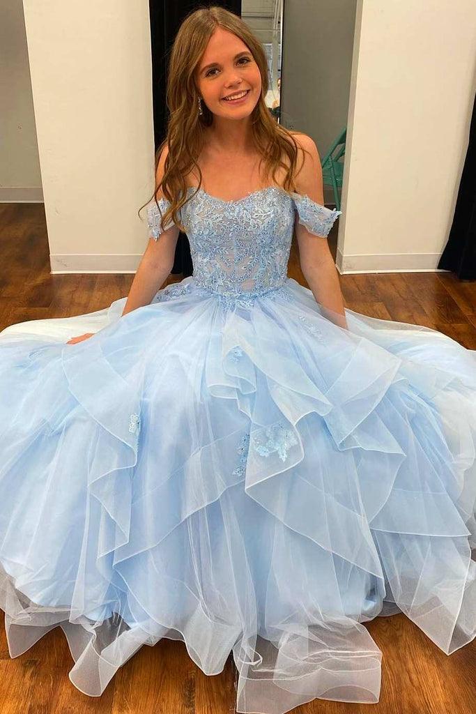 Light Blue Tulle Off-the-Shoulder Tiered A-Line Prom Evening Light Blue Tulle Off-the-Shoulder Tiered A-Line Prom Evening