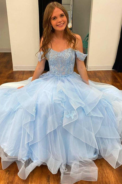 Light Blue Tulle Off-the-Shoulder Tiered A-Line Prom Evening Dress US10 / Custom Color