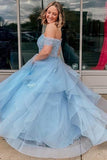 Light Blue Tulle Off-the-Shoulder Tiered A-Line Prom Evening Dress PSK400 - Pgmdress