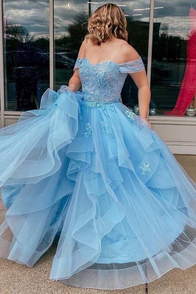 Light Blue Tulle Off-the-Shoulder Tiered A-Line Prom Evening Dress PSK400 - Pgmdress
