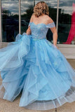 Light Blue Tulle Off-the-Shoulder Tiered A-Line Prom Evening Dress PSK400 - Pgmdress