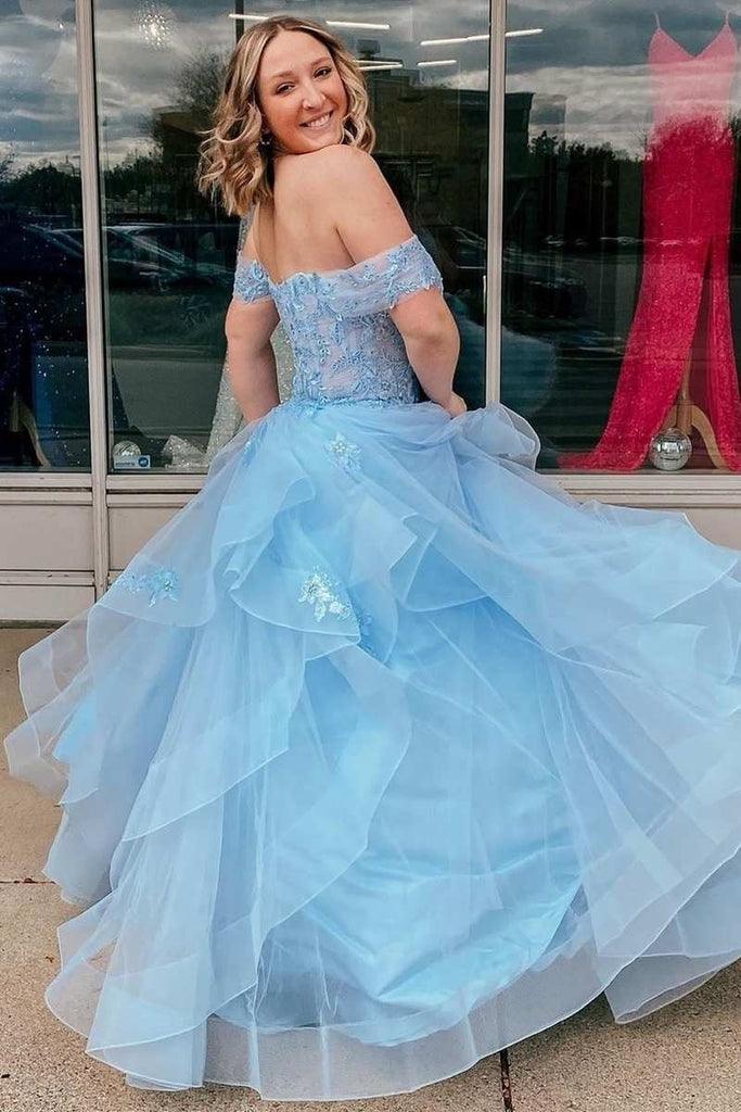 Off Shoulder Light Blue Tulle Long Prom Dresses with High Slit, Light Blue  Tulle Formal Graduation Evening Dresses SP2761