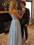 Light Blue Tulle Off Shoulder Long Prom Dresses With Lace Appliques PSK421 - Pgmdress