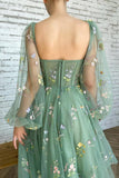 Light Green Embroidered Tulle dress Evening Dress Puffy Long Sleeve PSK304 - Pgmdress