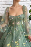 Light Green Embroidered Tulle dress Evening Dress Puffy Long Sleeve PSK304 - Pgmdress