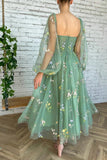 Light Green Embroidered Tulle dress Evening Dress Puffy Long Sleeve PSK304 - Pgmdress