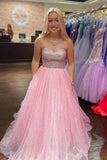 Light Pink A-Line Floor Length Strapless Sparkly Tulle Long Prom Dress  PSK411