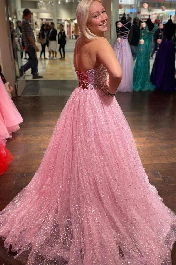 Shiny Pink Tulle Long Prom Dress, Spaghetti Straps Pink Formal