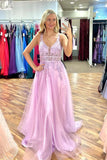 Lilac A-line V Neck Beaded Appliques Sleeveless Tulle Long Prom Dress  PSK413