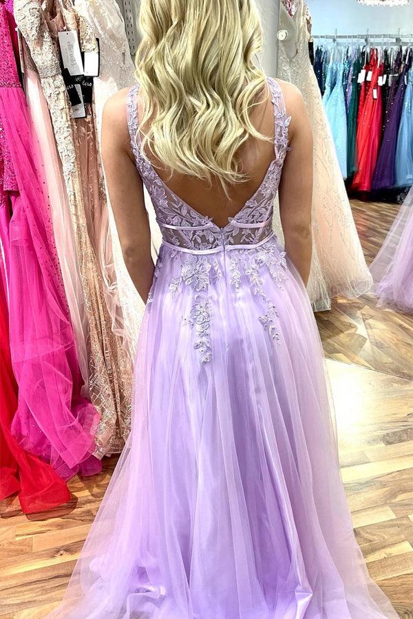 Lilac A-line V Neck Beaded Appliques Sleeveless Tulle Long Prom Dress PSK413 - Pgmdress