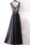 Long Prom Dresses Straps V-neck A-line Embroidery Sexy Gray Prom Dress  PG554