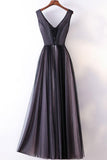 Long Prom Dresses Straps V-neck A-line Embroidery Sexy Gray Prom Dress PG554 - Pgmdress