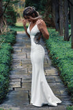 Langes weißes Brautkleid im Meerjungfrau-Stil mit Spaghettiträgern und Perlenstickerei WD609