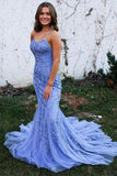 Mermaid Backless Blue Lace Long Prom Dresses Formal Dresses PSK424