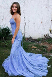 Mermaid Backless Blue Lace Long Prom Dresses Formal Dresses PSK424 - Pgmdress