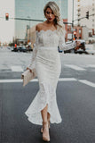Mermaid Off-the-Shoulder High Low Lace Wedding Dress with Long Sleeves WD278