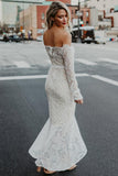 Mermaid Off-the-Shoulder High Low Lace Wedding Dress with Long Sleeves WD278 - Pgmdress